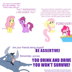 Size: 750x750 | Tagged: safe, artist:sparklepeep, derpibooru import, berry punch, berryshine, fluttershy, iron will, pinkie pie, earth pony, minotaur, pegasus, pony, announcement, bowl, dialogue, drunk, female, flying, food, forever, frown, grapes, hiccup, image, implied death, male, mare, pinkie pie is not amused, png, public service announcement, sad, simple background, smiling, sponge, spread wings, strawberry, text, unamused, white background, wings, worried