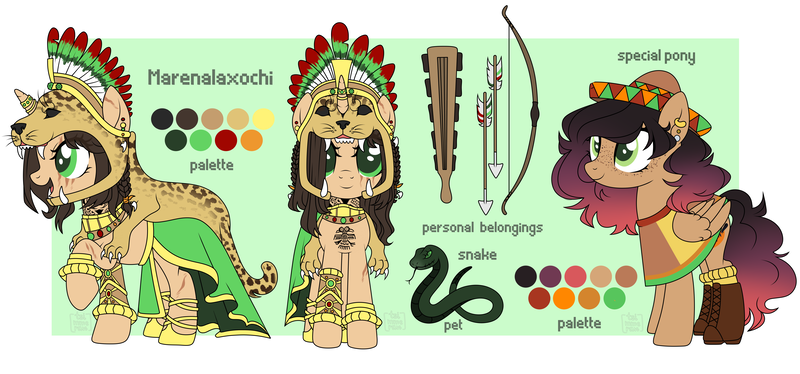 Size: 9200x4300 | Tagged: safe, artist:elberas, derpibooru import, oc, oc:marenalaxochi, oc:pancita, unofficial characters only, pegasus, pony, snake, unicorn, absurd resolution, arrow, aztec, boots, bow, bracelet, cape, clothes, duo, eye scar, feather, female, freckles, headress, hoof shoes, horn, horn ring, image, jaguar, jewelry, lesbian, mare, oc x oc, open mouth, pelt, png, poncho, reference sheet, ring, robe, scar, shipping, shoes, socks, sombrero, sword, tattoo, weapon