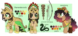 Size: 9200x4300 | Tagged: safe, artist:elberas, derpibooru import, oc, oc:marenalaxochi, oc:pancita, unofficial characters only, pegasus, pony, snake, unicorn, absurd resolution, arrow, aztec, boots, bow, bracelet, cape, clothes, duo, eye scar, feather, female, freckles, headress, hoof shoes, horn, horn ring, image, jaguar, jewelry, lesbian, mare, oc x oc, open mouth, pelt, png, poncho, reference sheet, ring, robe, scar, shipping, shoes, socks, sombrero, sword, tattoo, weapon