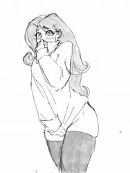 Size: 1536x2048 | Tagged: suggestive, artist:penso, derpibooru import, fluttershy, human, blushing, bottomless, clothes, covering, embarrassed, female, humanized, image, jpeg, monochrome, partial nudity, shirt, shirt pull, simple background, sketch, socks, solo, solo female, sweater, sweatershy, thigh highs, turtleneck, white background, zettai ryouiki