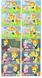 Size: 4108x7616 | Tagged: safe, artist:greenbrothersart, derpibooru import, meadow flower, spitfire, pegasus, pony, angry, button, classroom, clothes, comic, duo, duo female, female, hoof in mouth, image, mare, png, rainbow waterfall, runway, speech bubble, spitting, tongue out, uniform, wonderbolt trainee uniform, wonderbolts dress uniform, yelling