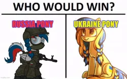 Size: 802x500 | Tagged: safe, artist:cogwheel98, artist:gicme, derpibooru import, edit, oc, oc:marussia, oc:ukraine, ponified, unofficial characters only, earth pony, pony, ak-47, ak-74, assault rifle, boots, braid, camouflage, clothes, duo, goggles, gun, helmet, image, jpeg, military, nation ponies, op is trying to start shit so badly that it's kinda funny, politics, rifle, russia, russian army, russian flag, shoes, simple background, sitting, solo, ukraine, uniform, weapon, white background