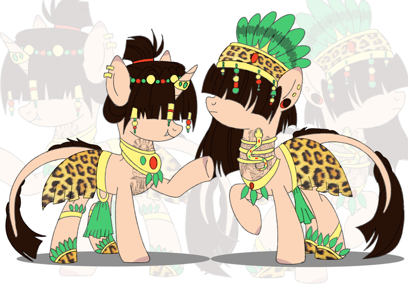 Size: 5312x3700 | Tagged: safe, artist:elberas, derpibooru import, oc, oc:li-ome, oc:pat-ome, dracony, dragon, earth pony, hybrid, pony, unicorn, aztec, belt, clothes, duo, ear piercing, earring, fangs, female, hair over eyes, headress, hoof shoes, horn, horn ring, image, jewelry, leonine tail, mare, markings, necklace, piercing, png, raised hoof, regalia, ring, siblings, sisters, skirt, tail, tattoo, twins