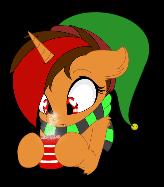 Size: 1148x1304 | Tagged: safe, artist:emilz-the-half-demon, derpibooru import, oc, oc:pyre quill, unicorn, chocolate, clothes, cup, food, hat, hot chocolate, image, png, red eyes, scarf