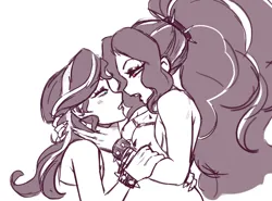 Size: 1058x781 | Tagged: safe, artist:nire, derpibooru import, adagio dazzle, sunset shimmer, equestria girls, bare shoulders, bracelet, breasts, duo, eye contact, eyeshadow, female, image, lesbian, lipstick, looking at each other, looking at someone, makeup, monochrome, png, shipping, sideboob, sketch, sleeveless, spiked wristband, sunsagio, wristband