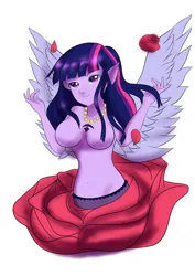 Size: 2480x3508 | Tagged: suggestive, artist:tealhikari, derpibooru import, twilight sparkle, twilight sparkle (alicorn), alicorn, alraune, anthro, breasts, clothes, flower, image, jpeg, panties, plant, rose, simple background, solo, underwear, white background