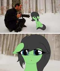 Size: 1209x1425 | Tagged: safe, artist:shepardinthesky, ponerpics import, oc, oc:anonfilly, earth pony, pony, camera, chest fluff, close-up, comic, female, filly, forest, image, jpeg, mare, open mouth, sitting, snow, tree