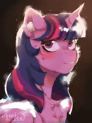 Size: 1152x1536 | Tagged: safe, artist:mikkybun, derpibooru import, twilight sparkle, twilight sparkle (alicorn), alicorn, pony, blushing, bust, chest fluff, cute, ear fluff, female, grin, image, jpeg, looking up, mare, signature, smiling, solo, twiabetes