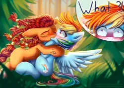 Size: 1323x935 | Tagged: safe, artist:chaosangeldesu, derpibooru import, rainbow dash, oc, oc:roarke, earth pony, pegasus, pony, fanfic:austraeoh, braid, braided tail, canon x oc, duo, female, image, jpeg, kissing, lesbian, rainboarke, tail