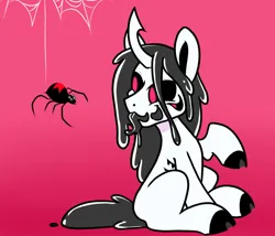 Size: 1192x1018 | Tagged: safe, artist:paperbagpony, derpibooru import, oc, oc:neeble, black widow, monster pony, original species, spider, black saliva, black sclera, cloven hooves, crooked horn, drool, gooey, horn, image, long ears, looking back, multiple eyes, png, red eyes, scar, spider web, tail, tongue out, wet, wet mane, wet tail