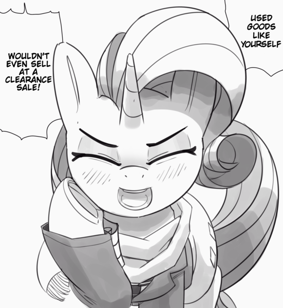 Size: 2709x2950 | Tagged: safe, artist:pabbley, derpibooru import, edit, rarity, pony, unicorn, blushing, clothes, cute, dialogue, eyebrows, eyes closed, female, grayscale, image, jacket, manga style, mare, monochrome, open mouth, open smile, png, scarf, simple background, smiling, solo, speech bubble, talking to viewer, white background