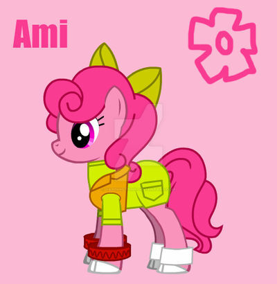 Size: 400x410 | Tagged: safe, artist:vapinhotpink, derpibooru import, ponified, earth pony, pony, pony creator, ami onuki, bow, bracelet, clothes, female, flower, hair bow, hi hi puffy ami yumi, image, jewelry, jpeg, mare, pink background, shirt, shoes, simple background, smiling, text, vest