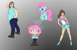Size: 1024x663 | Tagged: safe, artist:eticketgirl, derpibooru import, oc, ponified, unofficial characters only, earth pony, human, pony, bow, clothes, deviantart watermark, female, hi hi puffy ami yumi, image, jpeg, mare, obtrusive watermark, pants, ponytail, sailor moon, sailor scout, shirt, shoes, skirt, skull, smiling, style emulation, watermark