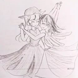 Size: 640x640 | Tagged: safe, artist:snowzaaah, derpibooru import, applejack, rainbow dash, human, appledash, appledashdailydoodles, doodle, female, humanized, image, jpeg, lesbian, monochrome, pencil drawing, shipping, sketch, traditional art