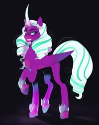 Size: 1826x2292 | Tagged: safe, artist:aztrial, derpibooru import, opaline, alicorn, pony, my little pony: make your mark, spoiler:g5, spoiler:my little pony: make your mark, curved horn, eyebrows, eyeshadow, female, folded wings, g5, grin, high res, horn, image, jpeg, looking at you, makeup, mare, raised hoof, shadow, smiling, smiling at you, solo, wings