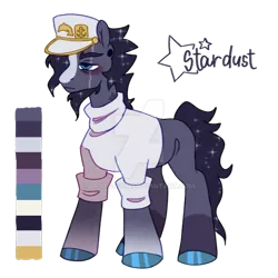 Size: 1280x1280 | Tagged: safe, artist:lynesssan, derpibooru import, oc, oc:stardust, earth pony, pony, clothes, deviantart watermark, hat, image, male, obtrusive watermark, png, shirt, simple background, solo, stallion, transparent background, watermark