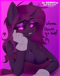 Size: 1960x2480 | Tagged: suggestive, artist:goddamncat, artist:kiararrr, derpibooru import, oc, oc:keiran, unofficial characters only, anthro, pony, unicorn, apron, bedroom eyes, blushing, breasts, bust, clothes, collaboration, cute, derpibooru exclusive, fangs, female, gloves, horny, image, looking at you, mare, png, portrait, smiling, smiling at you, smirk, solo, tongue out