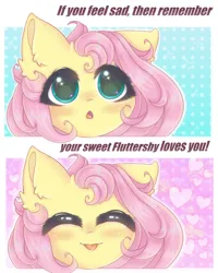 Size: 2000x2500 | Tagged: safe, artist:saltyvity, derpibooru import, fluttershy, pegasus, pony, big eyes, blue background, blushing, comics, cute, cute face, cute smile, ear fluff, embarrassed, face licking, fluffy, green eyes, heart, image, licking, pink background, pink hair, pink mane, png, simple background, solo, tongue out