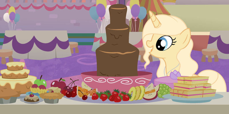 Size: 1280x640 | Tagged: safe, artist:cindystarlight, derpibooru import, oc, oc:sandy sunny, unofficial characters only, pony, unicorn, apple, base used, berry, cake, chocolate fountain, female, food, image, jpeg, mare, solo, strawberry