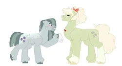 Size: 1280x692 | Tagged: safe, artist:itstechtock, derpibooru import, marble pie, oc, oc:cloudy cortland, earth pony, pony, female, image, jpeg, mare, mother and child, mother and daughter, offspring, parent:big macintosh, parent:marble pie, parents:marblemac, simple background, white background