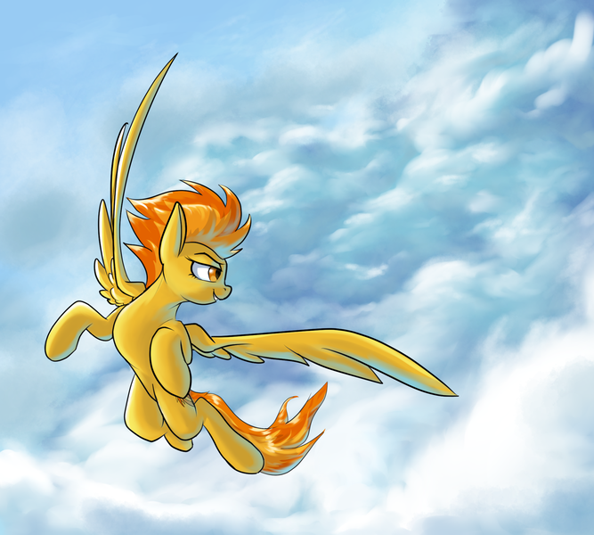 Size: 2000x1800 | Tagged: safe, artist:rocket-lawnchair, derpibooru import, spitfire, pegasus, pony, cloud, cutie mark, female, flying, grin, image, looking back, mare, png, sky, smiling, solo, spread wings, wings