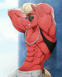 Size: 2601x3248 | Tagged: suggestive, artist:ponyanony, derpibooru import, sprout cloverleaf, anthro, earth pony, pony, my little pony: a new generation, abs, bara, clothes, g5, image, jewelry, jpeg, male, male nipples, muscles, muscular male, necklace, nipples, nudity, partial nudity, pecs, solo, stallion, stupid sexy sprout, sunglasses, topless