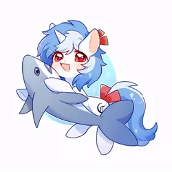 Size: 700x700 | Tagged: safe, artist:dreamsugar, derpibooru import, oc, unofficial characters only, pony, shark, unicorn, abstract background, blushing, bow, commission, cute, hair bow, horn, image, jpeg, looking at you, ocbetes, open mouth, plushie, shark plushie, simple background, solo, sparkles, tail, tail bow, white background
