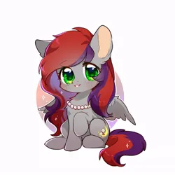 Size: 700x700 | Tagged: safe, artist:dreamsugar, derpibooru import, oc, unofficial characters only, pegasus, pony, abstract background, chibi, commission, eye clipping through hair, female, image, jewelry, jpeg, looking at you, necklace, pearl necklace, raised hoof, simple background, sitting, smiling, smiling at you, solo, white background, wings