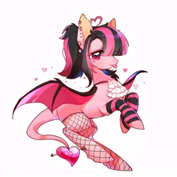 Size: 700x700 | Tagged: safe, artist:dreamsugar, derpibooru import, oc, unofficial characters only, bat pony, pony, bat wings, clothes, ear piercing, earring, eye clipping through hair, female, fishnets, heart, image, jewelry, jpeg, leonine tail, looking at you, mare, piercing, profile, simple background, socks, solo, spread wings, stockings, striped socks, tail, thigh highs, tongue out, white background, wings