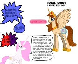 Size: 819x679 | Tagged: safe, artist:mia3193, derpibooru import, edit, editor:pagiepoppie12345, princess celestia, oc, oc:pagie fausticorn, alicorn, pony, angry, clothes, crown, dialogue, dress, ethereal mane, female, gem, gown, grammar error, heart, horn, image, implied black zalgo pagie, implied lauren faust, implied nightmare moon, implied princess luna, implied twilight twinkle, implied zalgo pagie, jewelry, level up, mare, paige hogan, paintbrush, pink-mane celestia, png, regalia, shoes, simple background, smiling, sparkles, speech bubble, spread wings, stars, sun, text, traditional royal canterlot voice, white background, wings, ye olde butcherede englishe, ye olde english, yelling