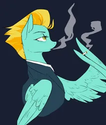 Size: 1700x2000 | Tagged: source needed, safe, artist:rice, lightning dust, pegasus, pony, bags under eyes, blowing smoke, cigarette, clothes, colored, female, flat colors, holding, image, lidded eyes, looking up, mare, partially open wings, pinstripes, png, shirt, signature, smoke, smoking, solo, suit, wing hands, wing hold, wings