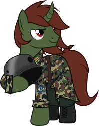 Size: 1819x2308 | Tagged: safe, artist:bnau, derpibooru import, oc, oc:aero glade, unofficial characters only, pony, unicorn, boots, camouflage, clothes, coat, curved horn, helmet, holding, horn, image, male, military uniform, png, shoes, simple background, solo, stallion, transparent background, uniform, vector