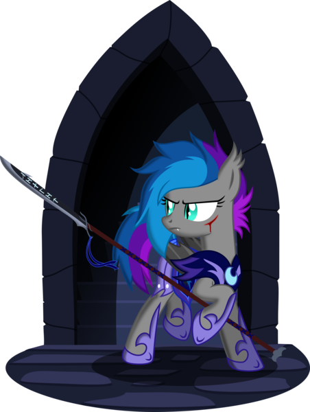 Size: 2927x3888 | Tagged: safe, artist:bnau, derpibooru import, oc, oc:lyssa, unofficial characters only, bat pony, pony, armor, blood, female, fighting stance, glaive, guardsmare, hoof shoes, image, injured, mare, night guard, png, raised hoof, raised leg, royal guard, runes, show accurate, simple background, solo, transparent background, vector