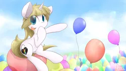Size: 6000x3400 | Tagged: safe, artist:dshou, artist:nyaseiru, oc, oc:balloons, unofficial characters only, pony, unicorn, balloon, balloon riding, balloon sitting, cute, female, hair over one eye, happy, image, jpeg, looking at you, mare, solo, that pony sure does love balloons