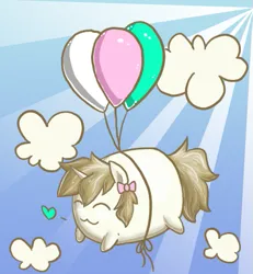 Size: 495x535 | Tagged: safe, artist:fivedollarponies, derpibooru import, pinkie pie, oc, oc:balloons, unofficial characters only, pony, unicorn, :3, balloon, bow, chibi, cloud, cute, eyes closed, female, floating, flying, happy, heart, image, mare, png, solo, then watch her balloons lift her up to the sky