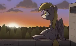 Size: 1750x1080 | Tagged: safe, artist:d3f4ult_4rt1st, derpibooru import, derpy hooves, pegasus, pony, chest fluff, forest, image, png, roof, sitting, sky, solo, sun, sunrise, tree