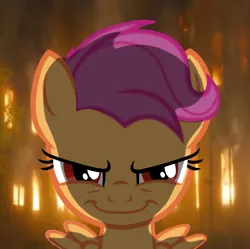 Size: 954x950 | Tagged: source needed, semi-grimdark, artist:taeko, derpibooru import, scootaloo, pegasus, pony, abstract background, building, burning, evil grin, evil scootaloo, eviloo, female, fire, grin, hush now quiet now, image, looking at you, mare, older, older scootaloo, png, red eyes, redraw, smiling, spread wings, wings