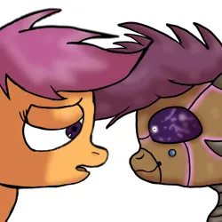 Size: 1024x1024 | Tagged: source needed, safe, artist:taeko, derpibooru import, scootaloo, pegasus, pony, robot, robot pony, 2021, derpibooru exclusive, duality, eyelashes, female, good vs evil, image, looking at each other, looking at someone, open mouth, png, purple sclera, sad, scootabot, simple background, smiling, solo, white background