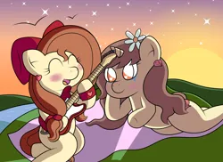 Size: 3509x2550 | Tagged: safe, artist:sparkfler85, derpibooru import, oc, oc:flani bainilye, oc:hymyt, unofficial characters only, earth pony, pony, unicorn, blanket, blushing, bow, bracelet, crying, cute, derpibooru exclusive, ear piercing, earring, electric guitar, female, fender stratocaster, freckles, guitar, hair bow, happy, hill, image, implied incest, implied lesbian, jewelry, love, lying down, mare, musical instrument, outdoors, piercing, png, river, smiling, sunset, tears of joy, water