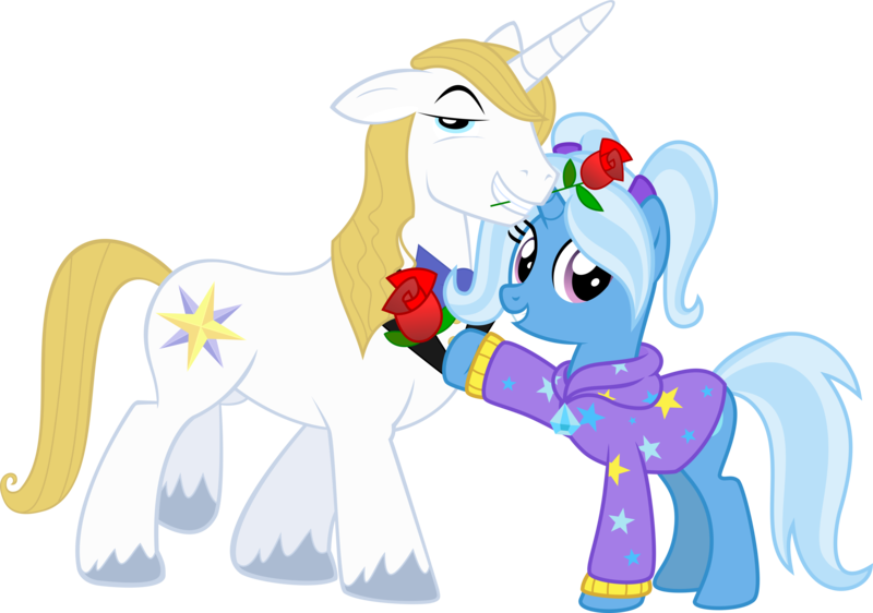 Size: 8102x5694 | Tagged: safe, artist:melisareb, artist:peachspices, derpibooru import, edit, vector edit, prince blueblood, trixie, pony, unicorn, .svg available, absurd resolution, alternate hairstyle, babysitter trixie, bedroom eyes, bluetrix, clothes, cute, diatrixes, duo, female, flower, flower in mouth, gameloft, gameloft interpretation, hoodie, image, lidded eyes, looking at you, male, mare, melisareb is trying to murder us, mouth hold, pigtails, png, rose, rose in mouth, shipping, show accurate, simple background, smiling, smiling at you, stars, straight, transparent background, twintails, unshorn fetlocks, vector, weapons-grade cute