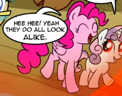 Size: 262x206 | Tagged: safe, artist:madmax, derpibooru import, edit, editor:pagiepoppie12345, mayor mare, pinkie pie, sweetie belle, earth pony, pegasus, pony, robot, unicorn, dialogue, female, filly, foal, glasses, horn, image, mare, pegasus pinkie pie, png, race swap, red eyes, smiling, speech bubble, sweetie bot, text, walking, wings