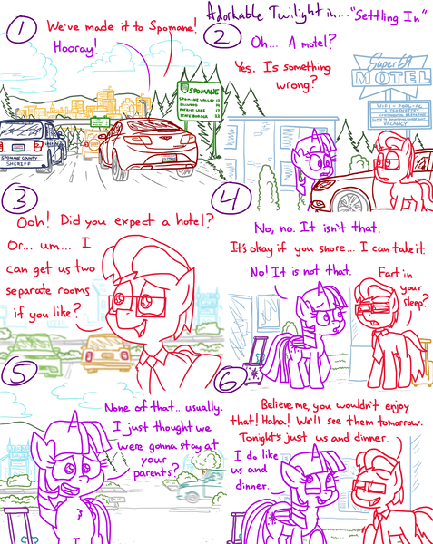 Size: 4779x6013 | Tagged: safe, artist:adorkabletwilightandfriends, derpibooru import, twilight sparkle, twilight sparkle (alicorn), alicorn, comic:adorkable twilight and friends, adorkable, building, car, city, cityscape, cloud, comic, concerned, conversation, cute, detailed, detailed background, dork, forest, glasses, happy, highway, image, motel, mountain, mountain range, necktie, one:lawrence, png, police, police car, restaurant, road, road sign, road trip, scenery, sheriff, sign, skyline, smiling, spokane, spomane, suitcase, tree