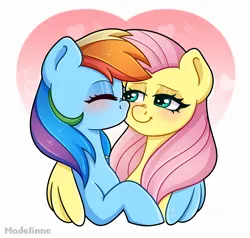 Size: 2336x2224 | Tagged: safe, artist:madelinne, derpibooru import, fluttershy, rainbow dash, pegasus, pony, female, flutterdash, hug, image, lesbian, mare, png, shipping