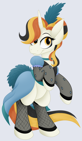 Size: 3204x5512 | Tagged: safe, artist:feather_bloom, derpibooru import, oc, oc:candy corn, pony, unicorn, clothes, commission, dress, hair bun, image, png, shading, simple background, socks, solo, standing, stockings, thigh highs