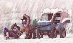 Size: 800x470 | Tagged: safe, artist:docwario, derpibooru import, rarity, oc, pony, unicorn, cart, chains, clothes, coat, duo, female, hat, image, male, mare, png, snow, snowfall, stallion, wheel, winter outfit