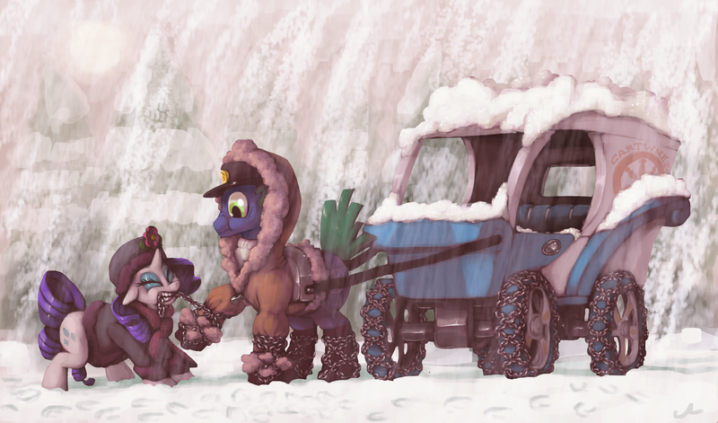 Size: 5100x3000 | Tagged: safe, artist:docwario, derpibooru import, rarity, oc, earth pony, pony, unicorn, 2016, absurd resolution, cap, cart, chains, clothes, coat, duo, female, hat, image, male, mare, old art, png, snow, snowfall, stallion, wheel, winter outfit