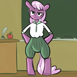 Size: 768x768 | Tagged: safe, artist:smirk, derpibooru import, cheerilee, semi-anthro, angry, apple, chalk, chalkboard, classroom, clothes, colored sketch, desk, food, hooves on hips, image, inkwell, looking at you, png, quill, solo, teacher, unamused