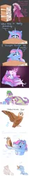 Size: 2000x12000 | Tagged: safe, artist:uunicornicc, derpibooru import, cheerilee, spike, oc, oc:bird song, oc:summer ballad, bird, dragon, owl, pony, unicorn, book, female, filly, foal, image, magical lesbian spawn, offspring, older, parent:rainbow dash, parent:twilight sparkle, parents:twidash, png, winged spike, wings