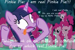 Size: 1800x1200 | Tagged: safe, derpibooru import, edit, edited screencap, screencap, pinkie pie, twilight sparkle, earth pony, pony, unicorn, season 3, too many pinkie pies, clone, confused, derp, dialogue, female, horn, image, jpeg, mare, mirror pool, multeity, shocked, shrunken pupils, silly, silly pony, smiling, text, tongue out, too much pink energy is dangerous, unicorn twilight