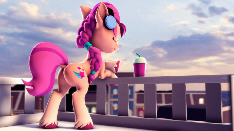 Size: 3840x2160 | Tagged: safe, artist:psfmer, derpibooru import, sunny starscout, earth pony, 3d, balcony, braided ponytail, butt, drink, eyes closed, g5, headphones, image, plot, png, source filmmaker, sunny starbutt, unshorn fetlocks